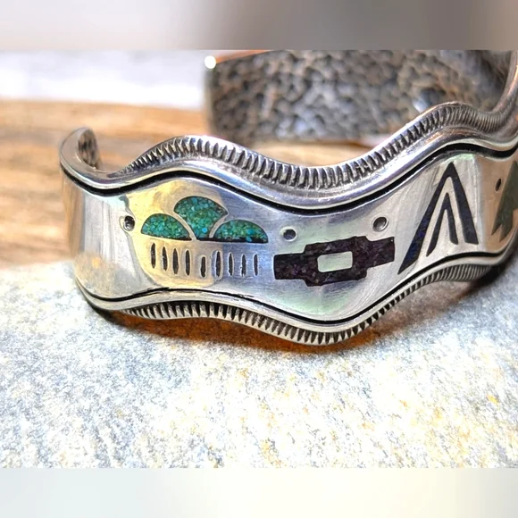 Carolyn Pollock Vintage Rare Storyteller Sterling & Inlay Stone Cuff Bracelet - Picture 8 of 10